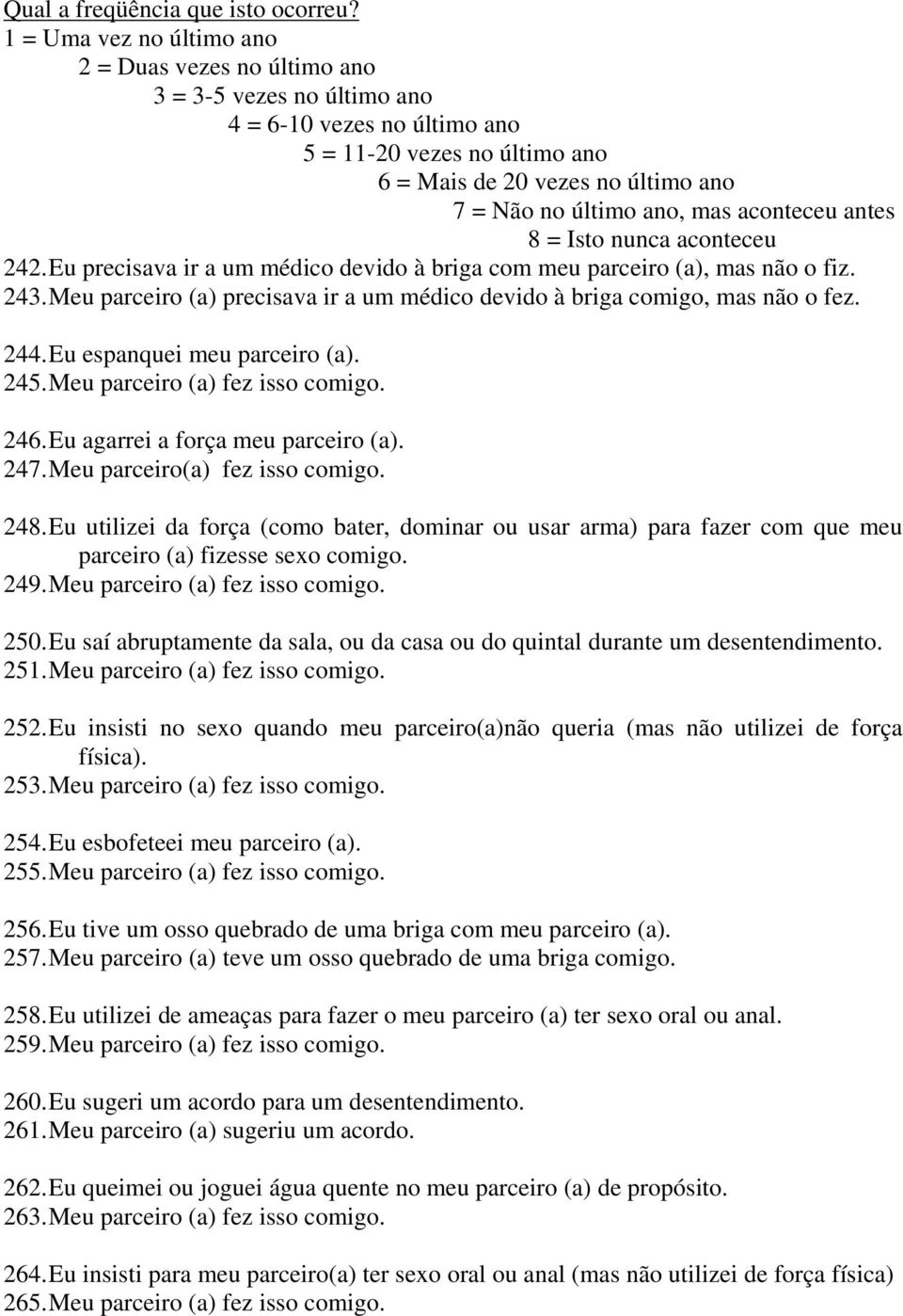 Eu utilizei da força (como bater, dominar ou usar arma) para fazer com que meu parceiro (a) fizesse sexo comigo. 249. Meu parceiro (a) fez isso comigo. 250.