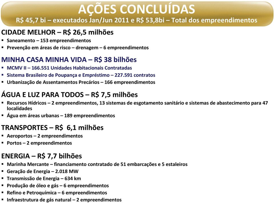 591 contratos Urbanização de Assentamentos Precários 166 empreendimentos ÁGUA E LUZ PARA TODOS R$ 7,5 milhões Recursos Hídricos 2 empreendimentos, 13 sistemas de esgotamento sanitário e sistemas de