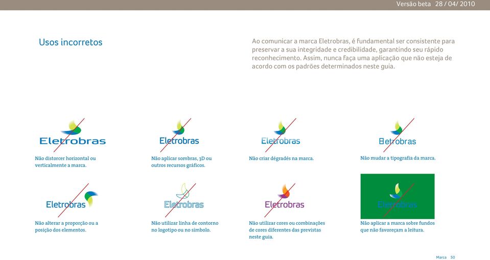 Não aplicar sombras, 3D ou outros recursos gráficos. Não criar dégradés na marca.