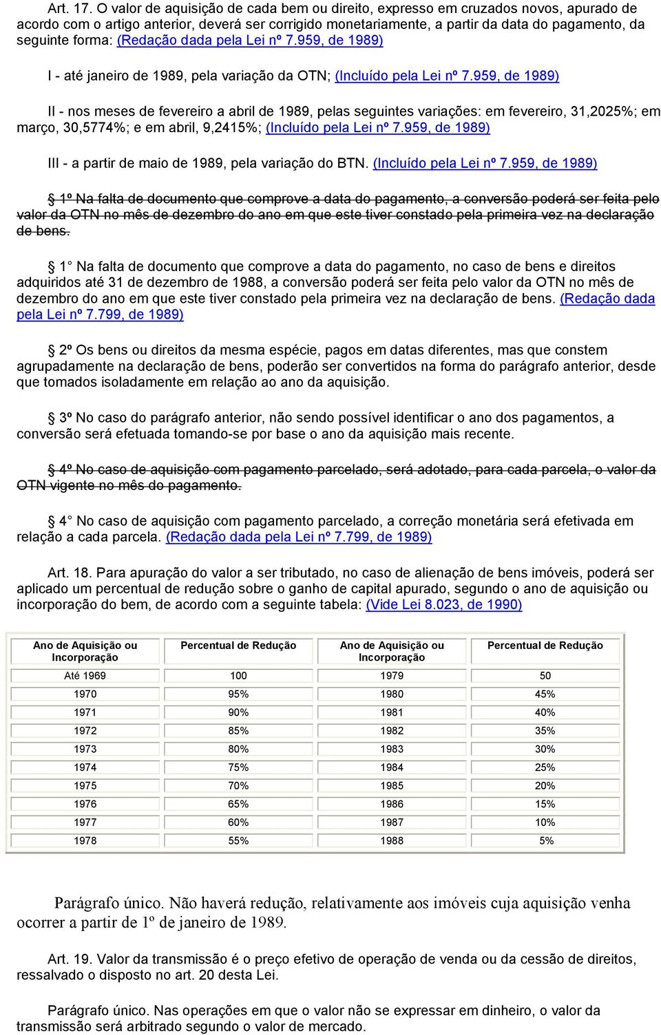 forma: (Redação dada pela Lei nº 7.959, de 1989) I - até janeiro de 1989, pela variação da OTN; (Incluído pela Lei nº 7.