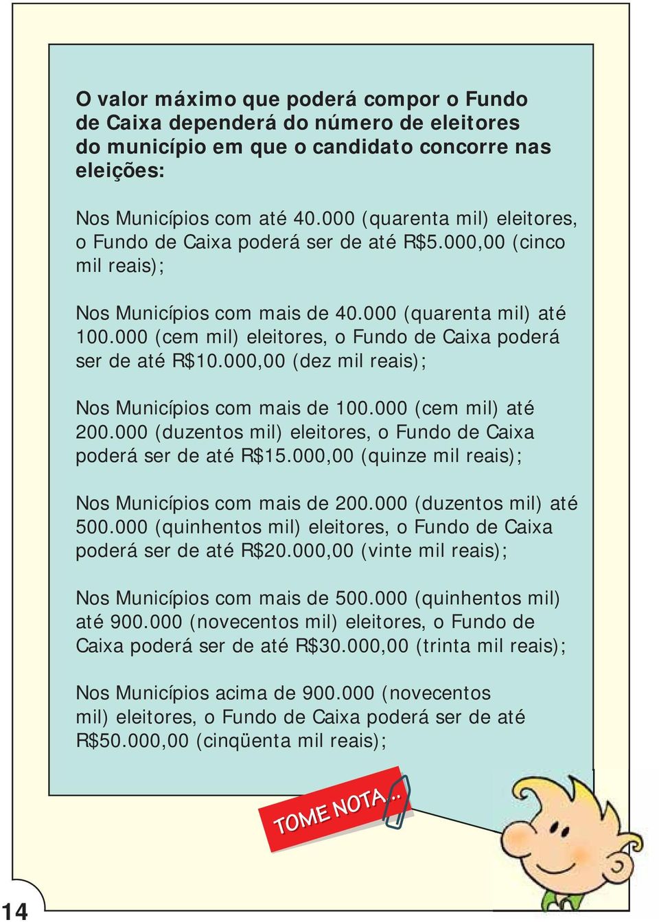 000 (cem mil) eleitores, o Fundo de Caixa poderá ser de até R$10.000,00 (dez mil reais); Nos Municípios com mais de 100.000 (cem mil) até 200.