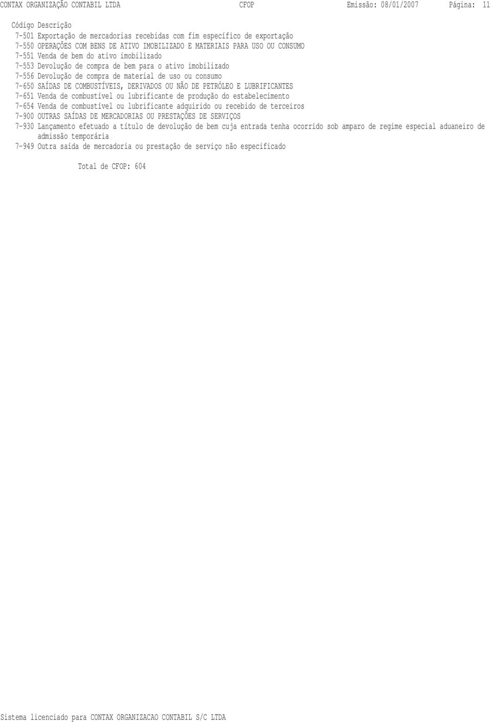 LUBRIFICANTES 7-651 Venda de combustível ou lubrificante de produção do estabelecimento 7-654 Venda de combustível ou lubrificante adquirido ou recebido de terceiros 7-900 OUTRAS SAÍDAS DE