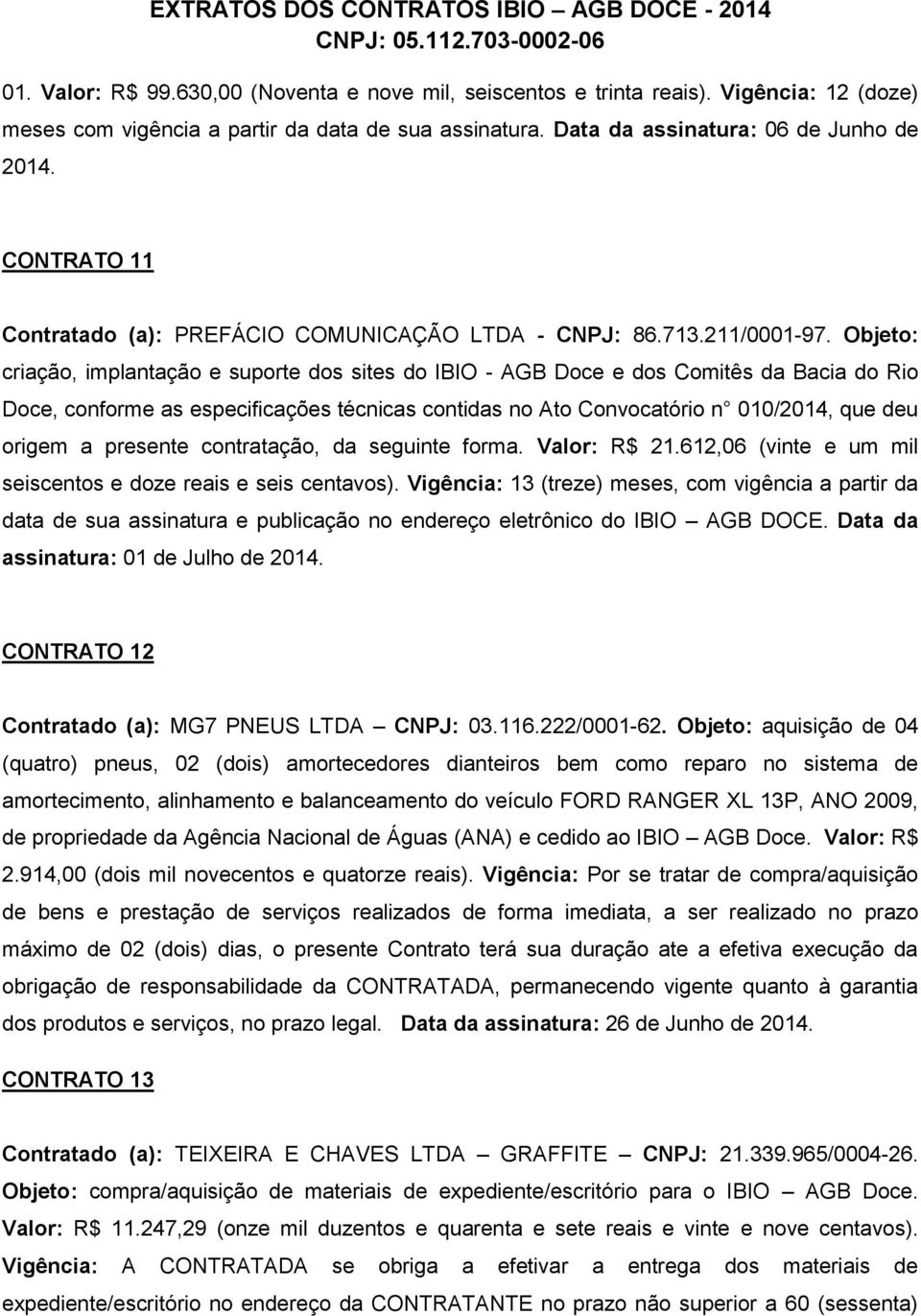 Objeto: criação, implantação e suporte dos sites do IBIO - AGB Doce e dos Comitês da Bacia do Rio Doce, conforme as especificações técnicas contidas no Ato Convocatório n 010/2014, que deu origem a