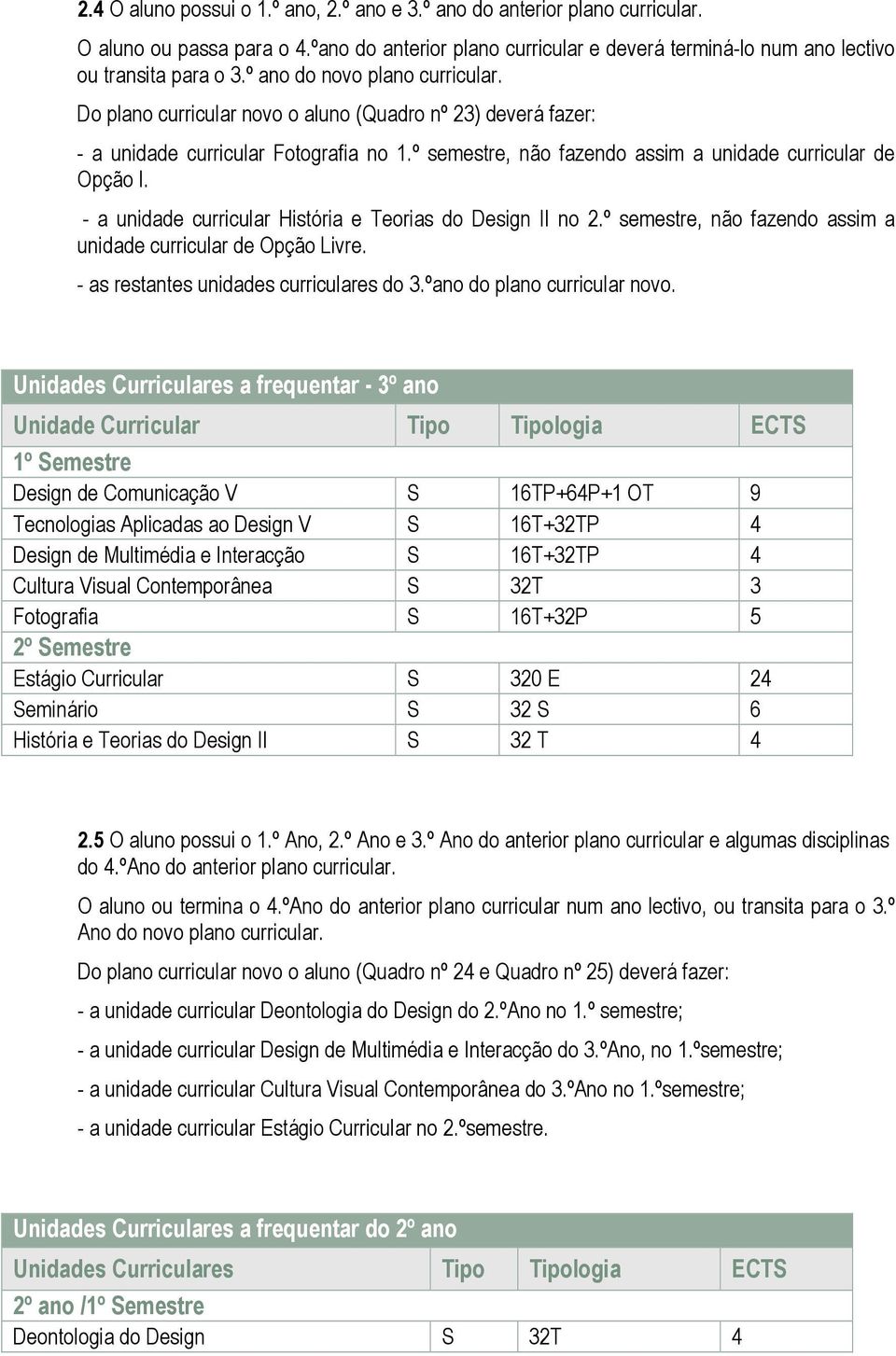 - a unidade curricular História e Teorias do Design II no 2.º semestre, não fazendo assim a unidade curricular de Opção Livre. - as restantes unidades curriculares do 3.ºano do plano curricular novo.