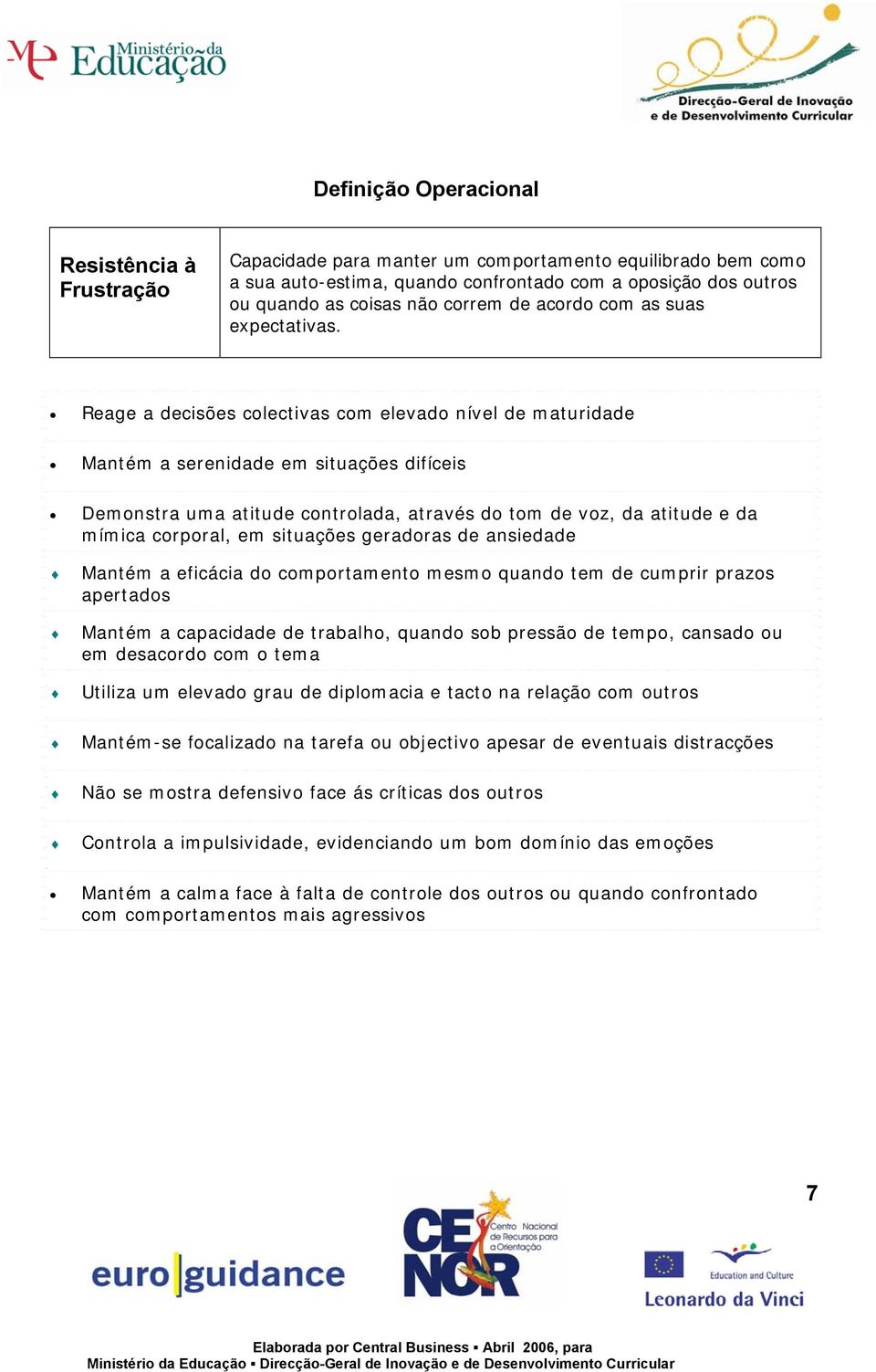 Reage a decisões colectivas com elevado nível de maturidade Mantém a serenidade em situações difíceis Demonstra uma atitude controlada, através do tom de voz, da atitude e da mímica corporal, em