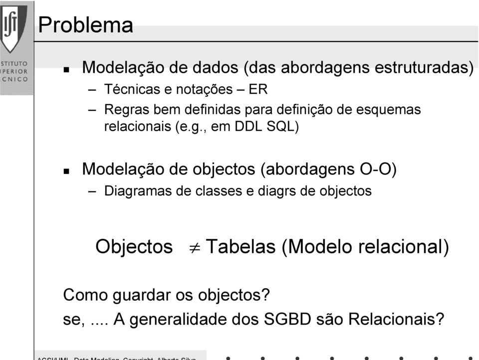 , em DDL SQL) Modelação de objectos (abordagens O-O) Diagramas de classes e diagrs de