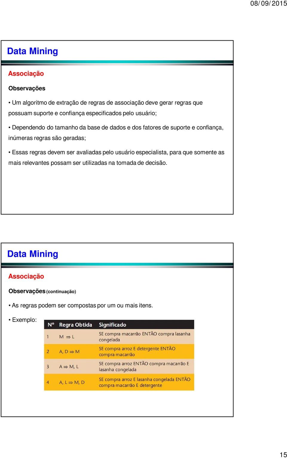 são geradas; Essas regras devem ser avaliadas pelo usuário especialista, para que somente as mais relevantes possam ser