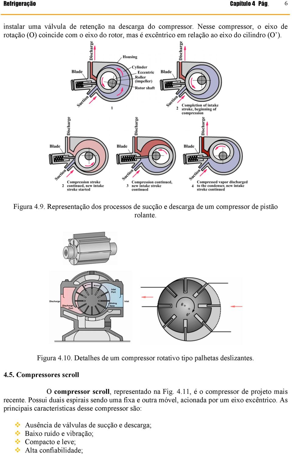 Representação dos processos de sucção e descarga de um compressor de pistão rolante. Figura 4.10. Detalhes de um compressor rotativo tipo palhetas deslizantes. 4.5.