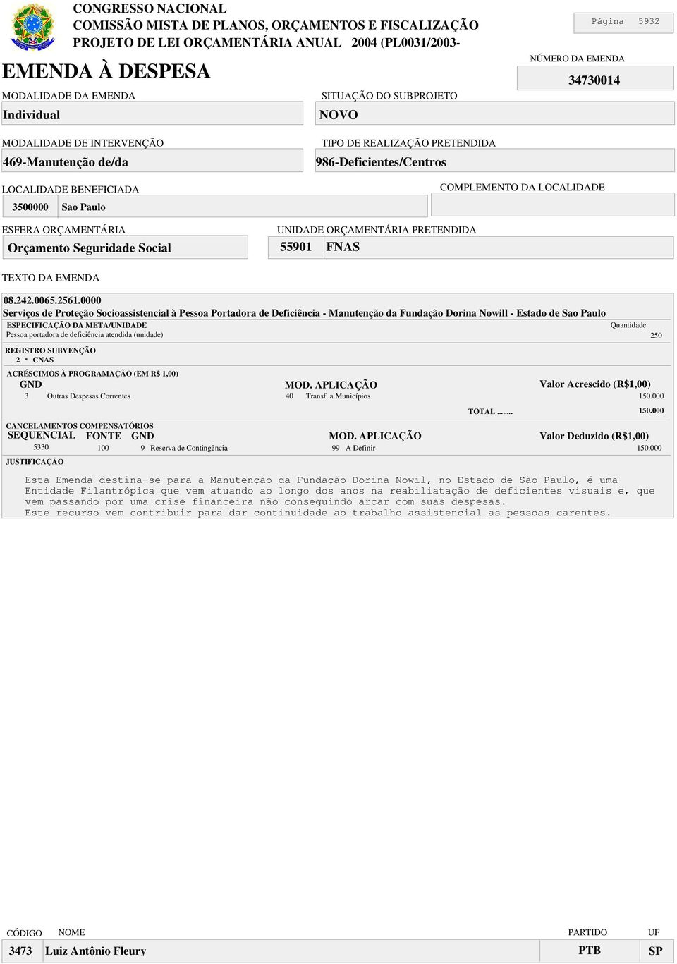 Outras Despesas Correntes 40 Transf. a Municípios 50.000 5330 00 9 Reserva de Contingência 99 A Definir 50.