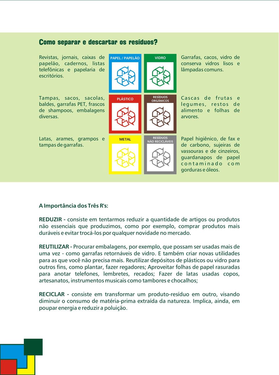 PLÁSTICO 8 RESÍDUOS ORGÂNICOS 8 Cascas de frutas e legumes, restos de alimento e folhas de arvores. Latas, arames, grampos e tampas de garrafas.