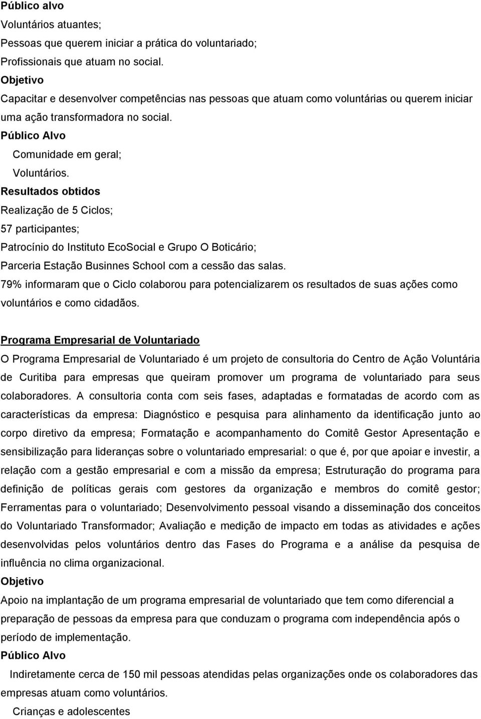 Realização de 5 Ciclos; 57 participantes; Patrocínio do Instituto EcoSocial e Grupo O Boticário; Parceria Estação Businnes School com a cessão das salas.