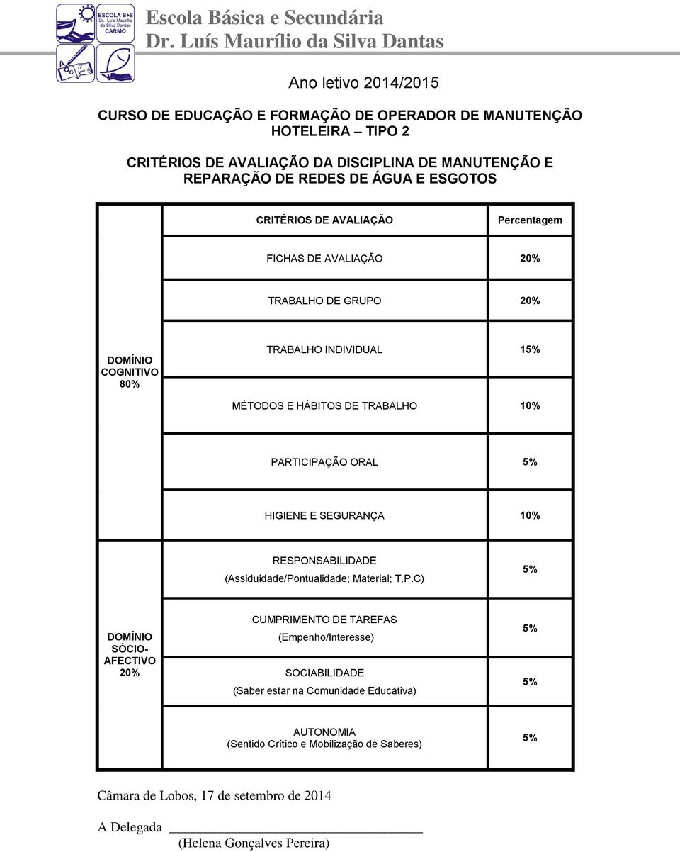 FICHAS DE AVALIAÇÃO 20% TRABALHO DE GRUPO 20% 80% TRABALHO INDIVIDUAL