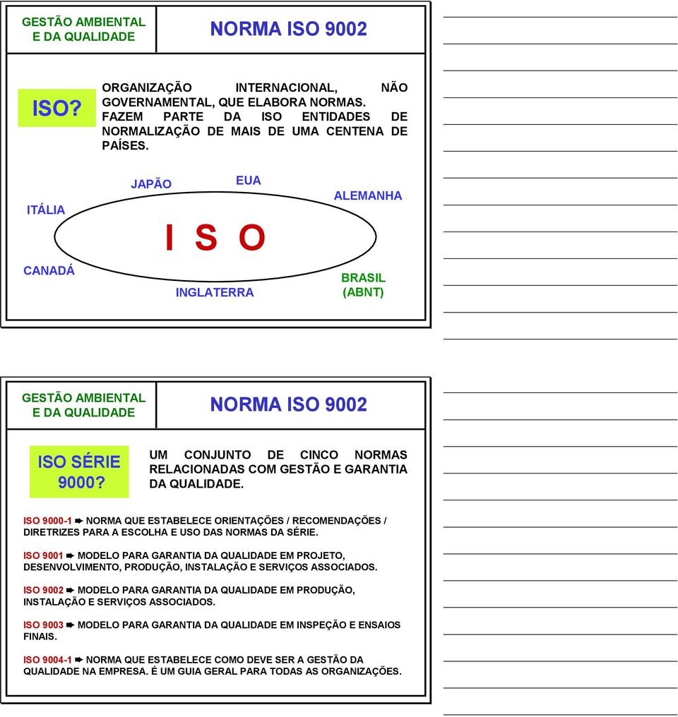 ISO 9000-1 NORMA QUE ESTABELECE ORIENTAÇÕES / RECOMENDAÇÕES / DIRETRIZES PARA A ESCOLHA E USO DAS NORMAS DA SÉRIE.