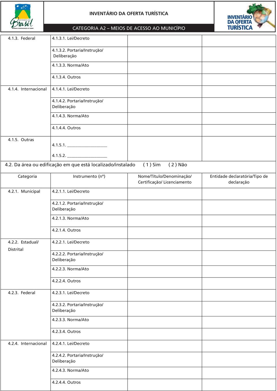 4.2. Da área ou edificação em que está localizado/instalado ( 1 ) Sim ( 2 ) Não Categoria Instrumento (nº) Nome/Título/Denominação/ Certificação/ Licenciamento Entidade declaratória/tipo de