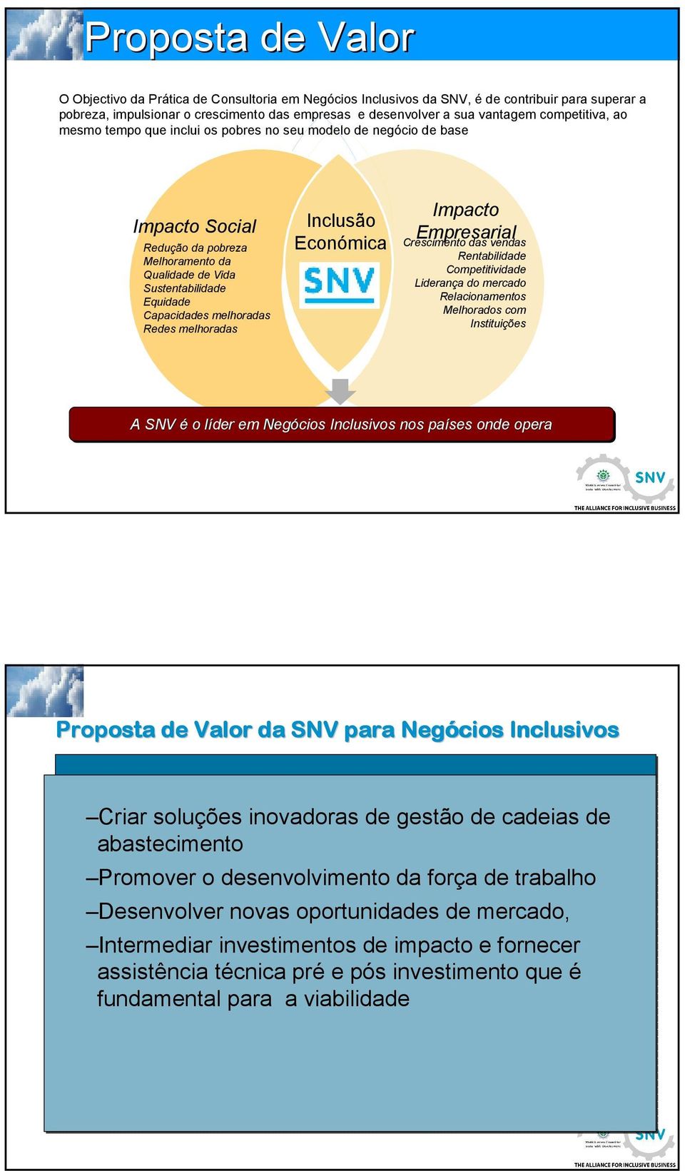 Redes melhoradas Inclusão Económica Impacto Empresarial Crescimento das vendas Rentabilidade Competitividade Liderança do mercado Relacionamentos Melhorados com Instituições A SNV é o líder em