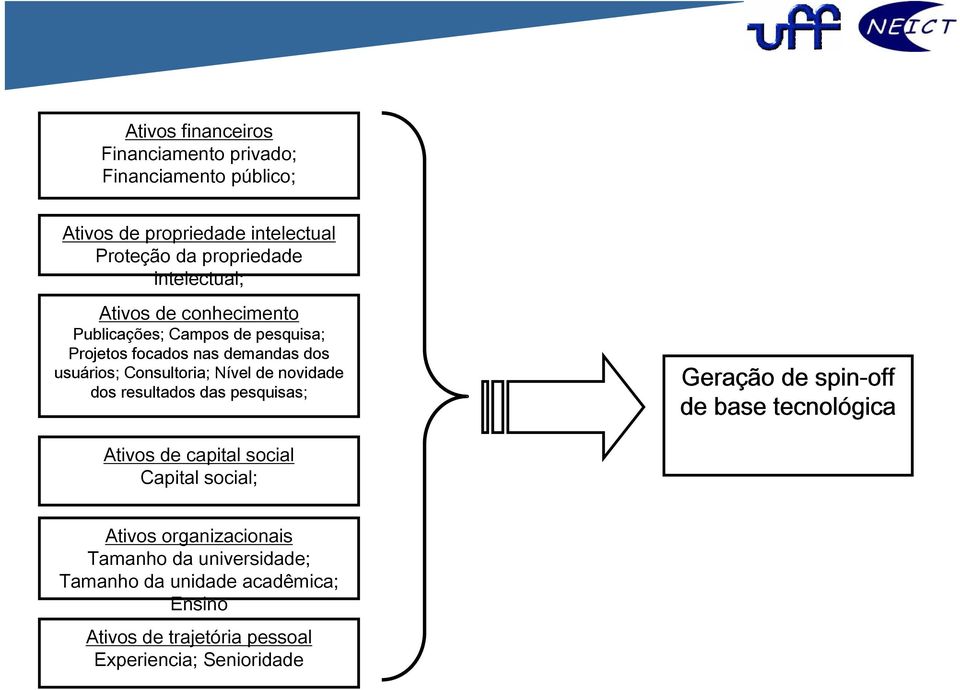 Nível de novidade dos resultados das pesquisas; Geração de spin-off de base tecnológica Ativos de capital social Capital social;