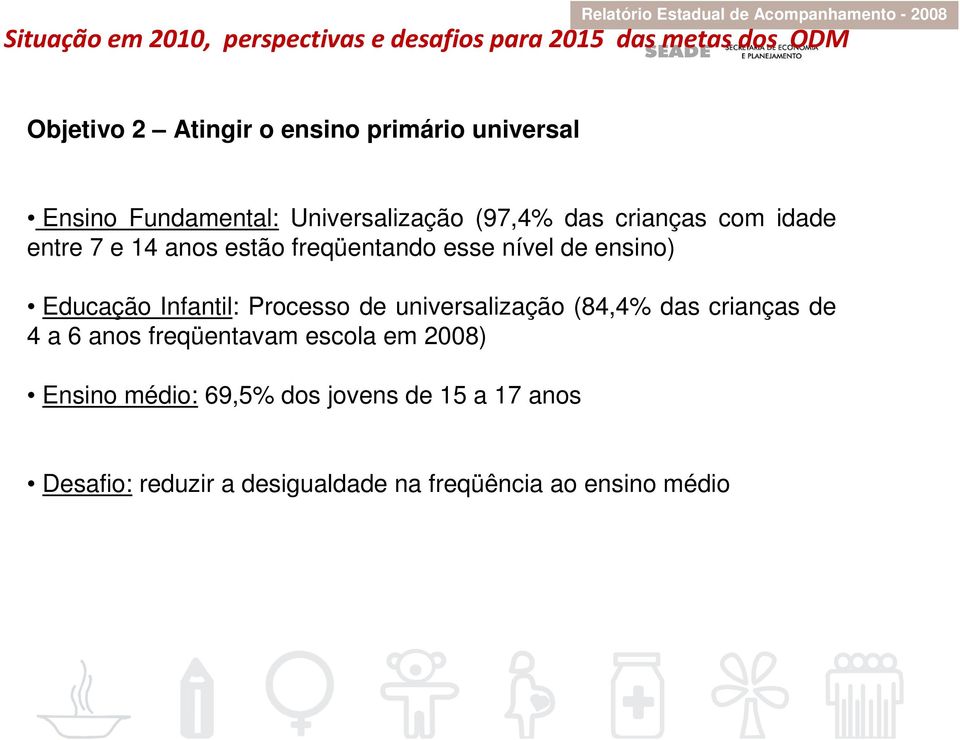 esse nível de ensino) Educação Infantil: Processo de universalização (84,4% das crianças de 4 a 6 anos