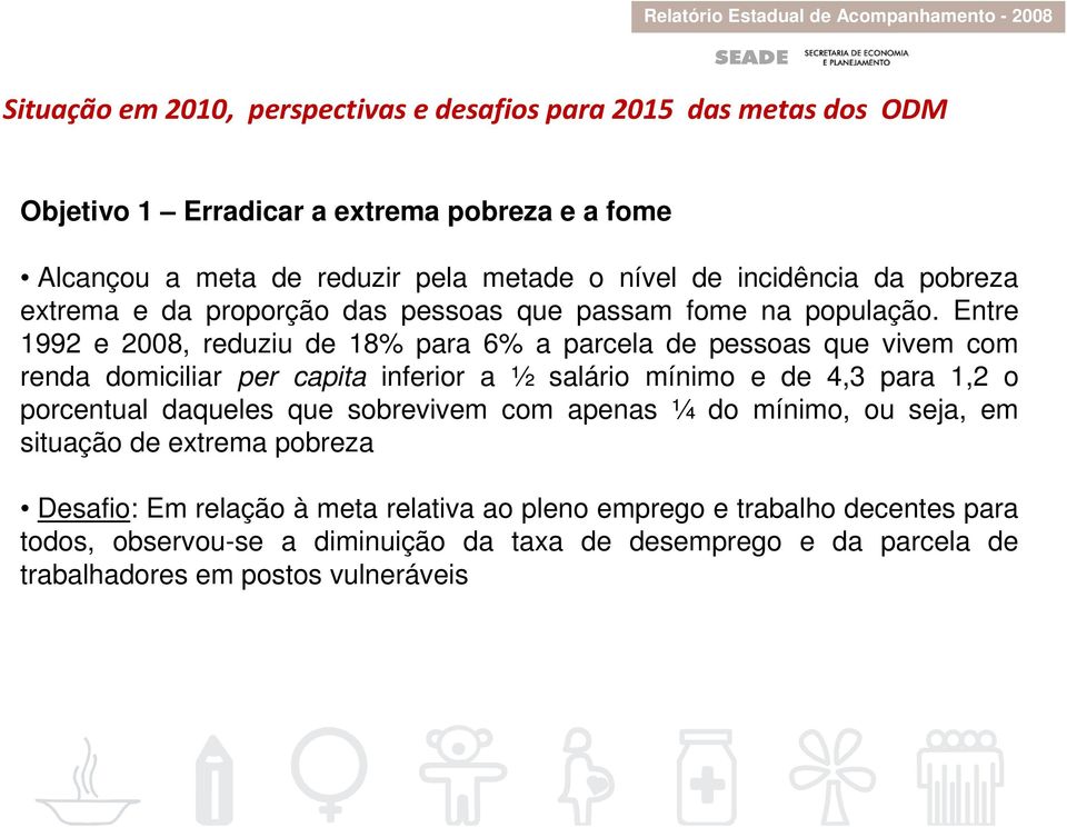 Entre 1992 e 2008, reduziu de 18% para 6% a parcela de pessoas que vivem com renda domiciliar per capita inferior a ½ salário mínimo e de 4,3 para 1,2 o porcentual daqueles