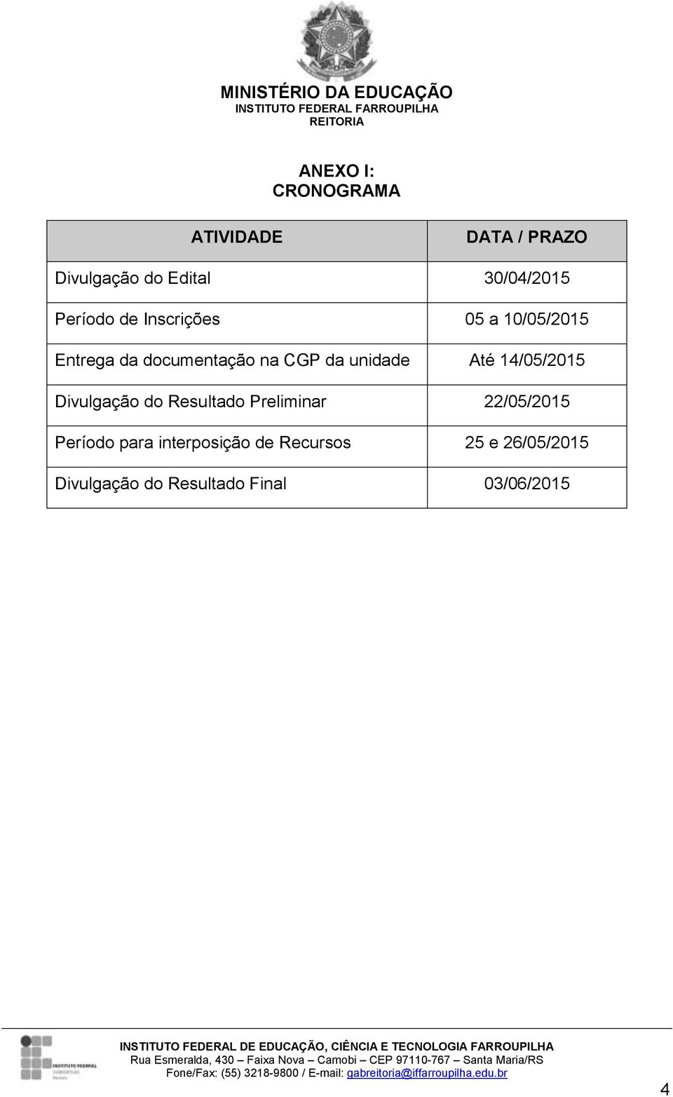 unidade Até 14/05/2015 Divulgação do Resultado Preliminar 22/05/2015 Período