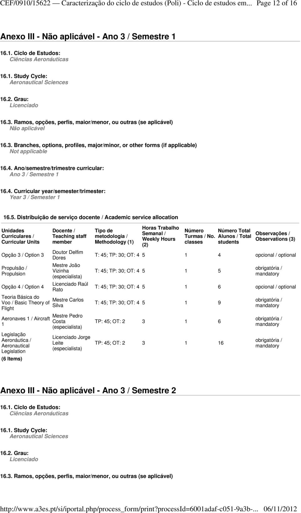 5. Distribuição de serviço docente / Academic service allocation Unidades Curriculares / Opção 3 / Option 3 Propulsão / Propulsion Docente / Teaching staff member Doutor Delfim Dores Mestre João