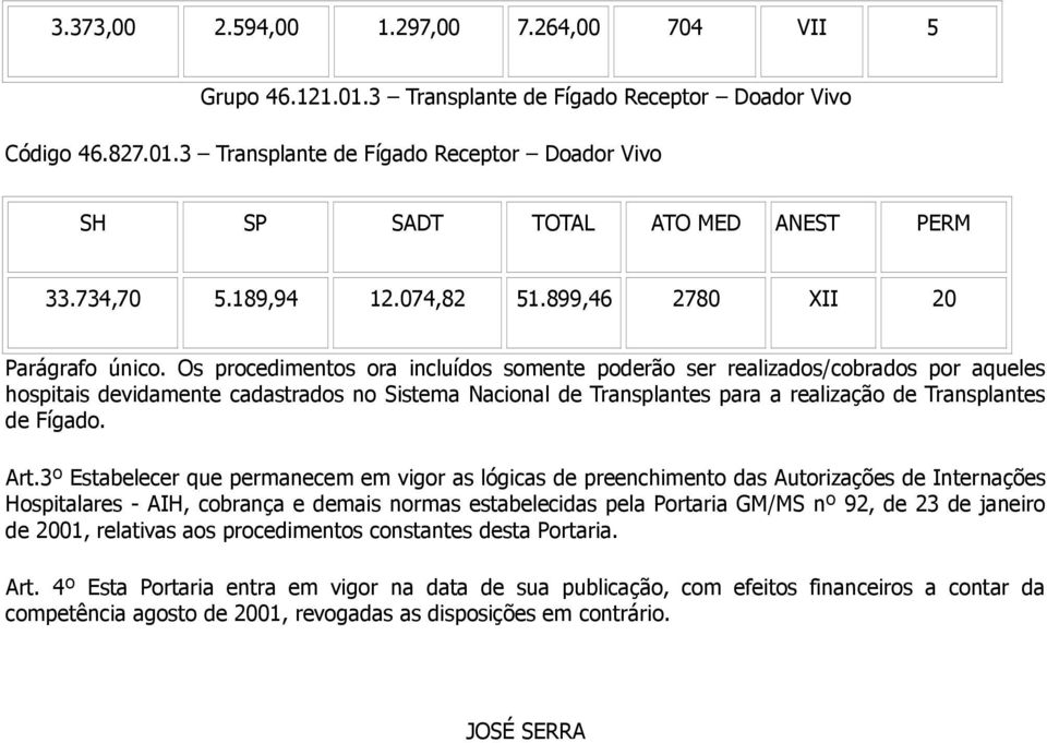 Os procedimentos ora incluídos somente poderão ser realizados/cobrados por aqueles hospitais devidamente cadastrados no Sistema Nacional de Transplantes para a realização de Transplantes de Fígado.