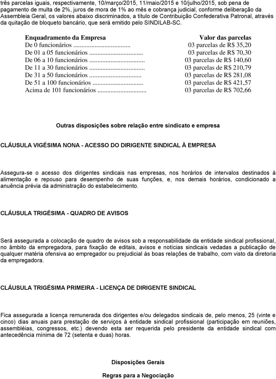 Enquadramento da Empresa Valor das parcelas De 0 funcionários... 03 parcelas de R$ 35,20 De 01 a 05 funcionários... 03 parcelas de R$ 70,30 De 06 a 10 funcionários.