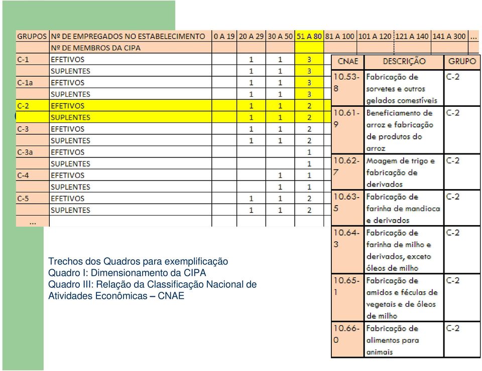 Dimensionamento da CIPA Quadro III: