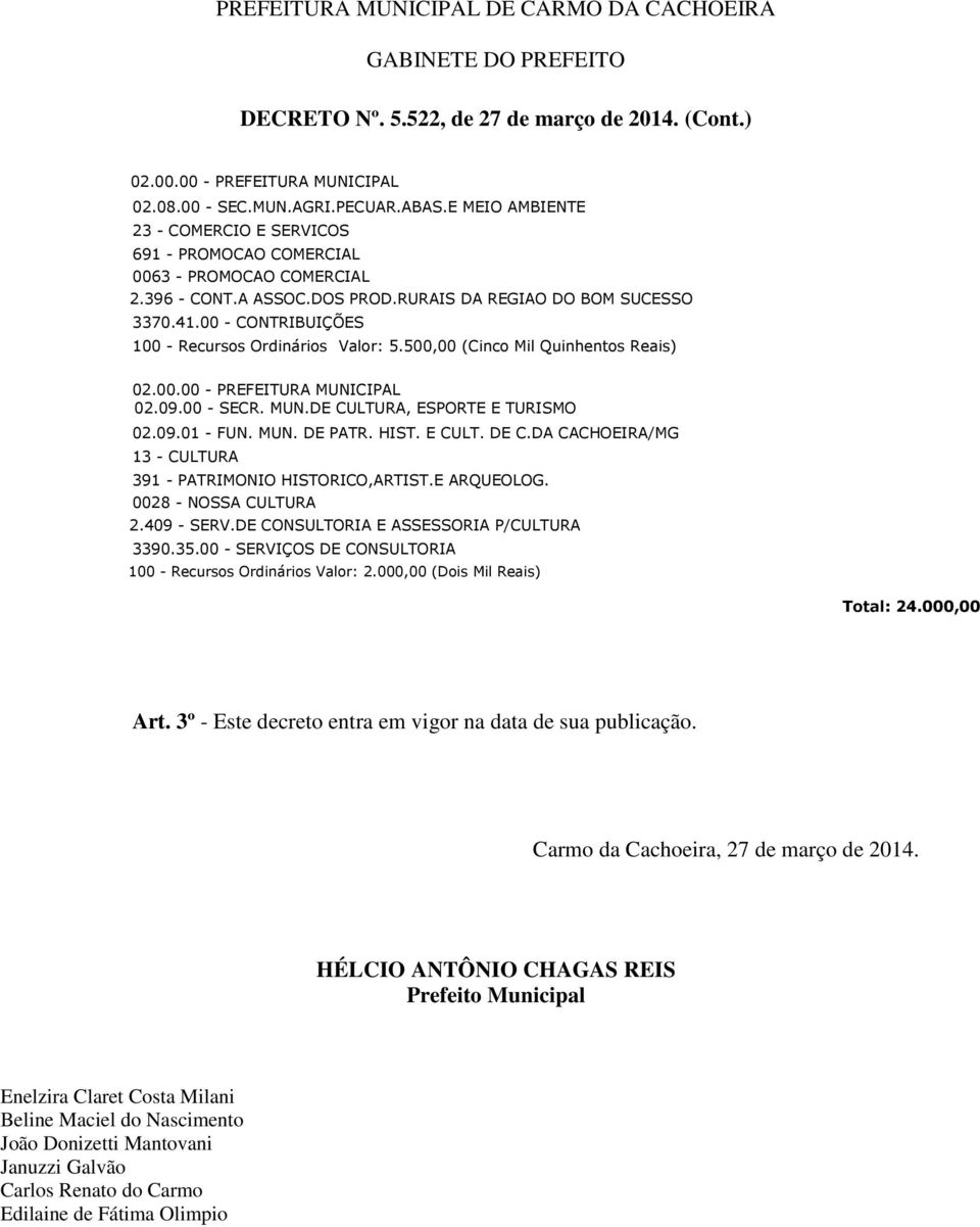 00 - SERVIÇOS DE CONSULTORIA Total: 24.000,00 Art. 3º - Este decreto entra em vigor na data de sua publicação. Carmo da Cachoeira, 27 de março de 2014.