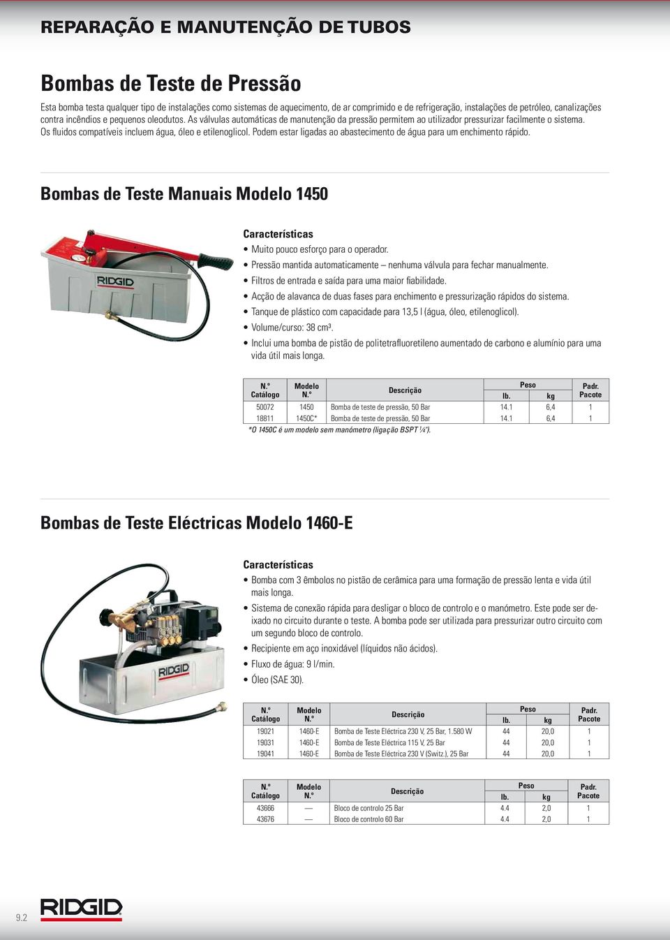 Podem estar ligadas ao abastecimento de água para um enchimento rápido. Bombas de Teste Manuais 1450 Muito pouco esforço para o operador.