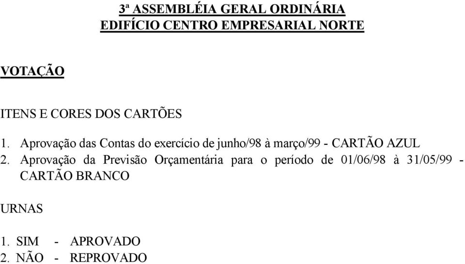 Aprovação das Contas do exercício de junho/98 à março/99 - CARTÃO AZUL 2.