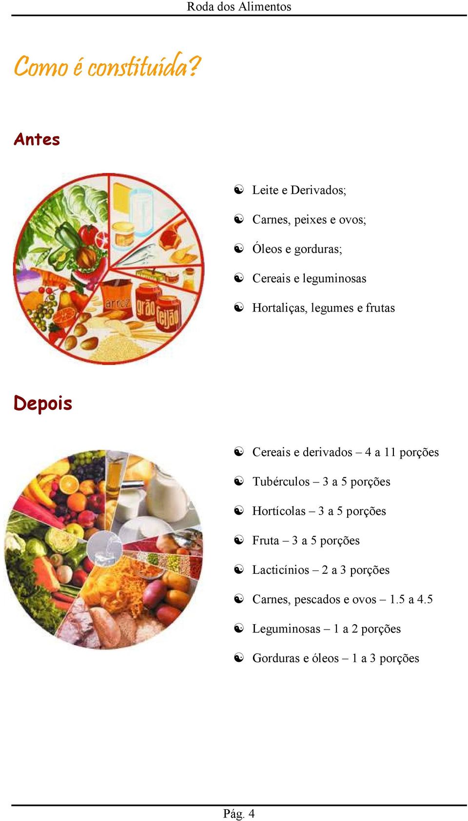 Hortaliças, legumes e frutas Depois Cereais e derivados 4 a 11 porções Tubérculos 3 a 5