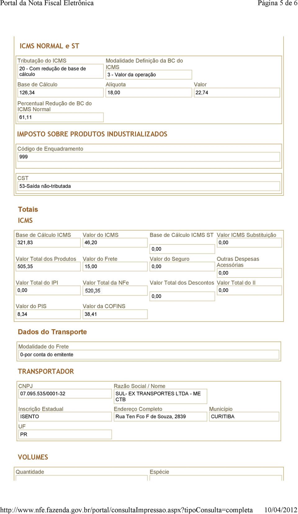 Seguro Outras Despesas Acessórias Valor Total do IPI Valor Total da NFe Valor Total dos Descontos Valor Total do II Valor do PIS 8,34 Valor da COFINS 38,41 Dados do Transporte Modalidade do Frete