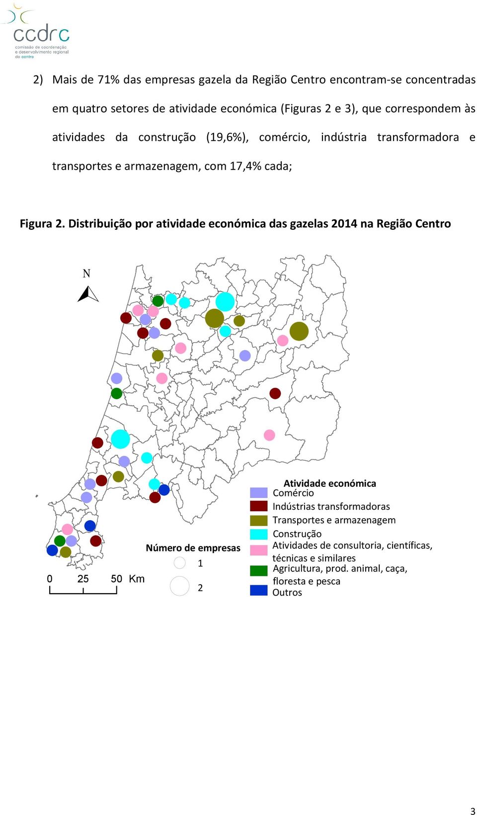 Distribuição por atividade económica das gazelas 2014 na Região Centro N 0 25 50 Km Número de empresas 1 2 Atividade económica Comércio Indústrias