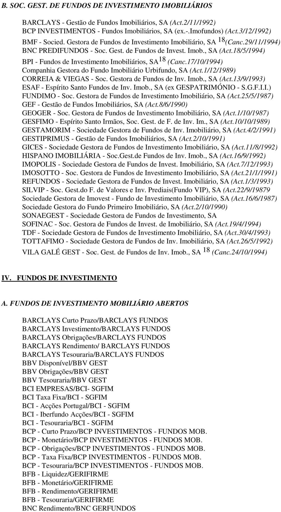 18/5/1994) BPI - Fundos de Investimento Imobiliários, SA 18 (Canc.17/10/1994) Companhia Gestora do Fundo Imobiliário Urbifundo, SA (Act.1/12/1989) CORREIA & VIEGAS - Soc. Gestora de Fundos de Inv.