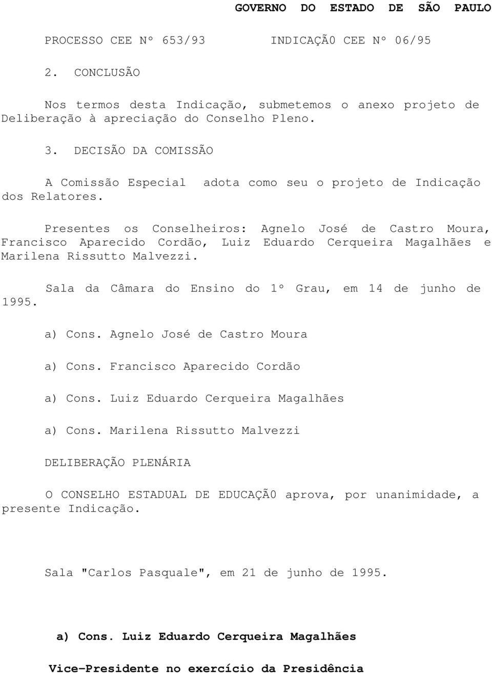 Presentes os Conselheiros: Agnelo José de Castro Moura, Francisco Aparecido Cordão, Luiz Eduardo Cerqueira Magalhães e Marilena Rissutto Malvezzi. 1995.