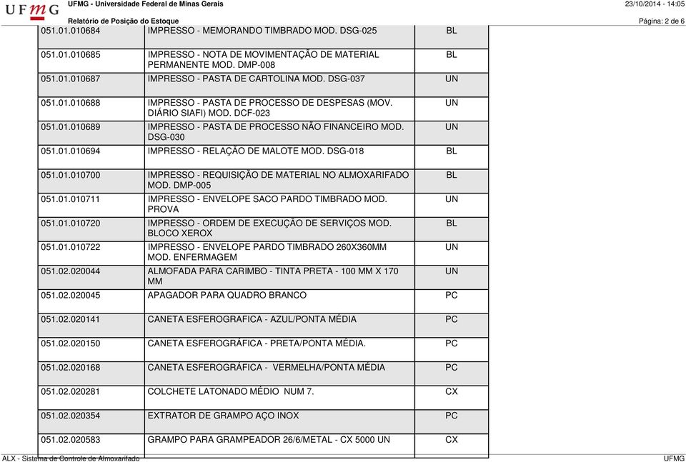 DSG-030 051.01.010694 IMPRESSO - RELAÇÃO DE MALOTE MOD. DSG-018 BL 051.01.010700 IMPRESSO - REQUISIÇÃO DE MATERIAL NO ALMOXARIFADO MOD. DMP-005 051.01.010711 IMPRESSO - ENVELOPE SACO PARDO TIMBRADO MOD.
