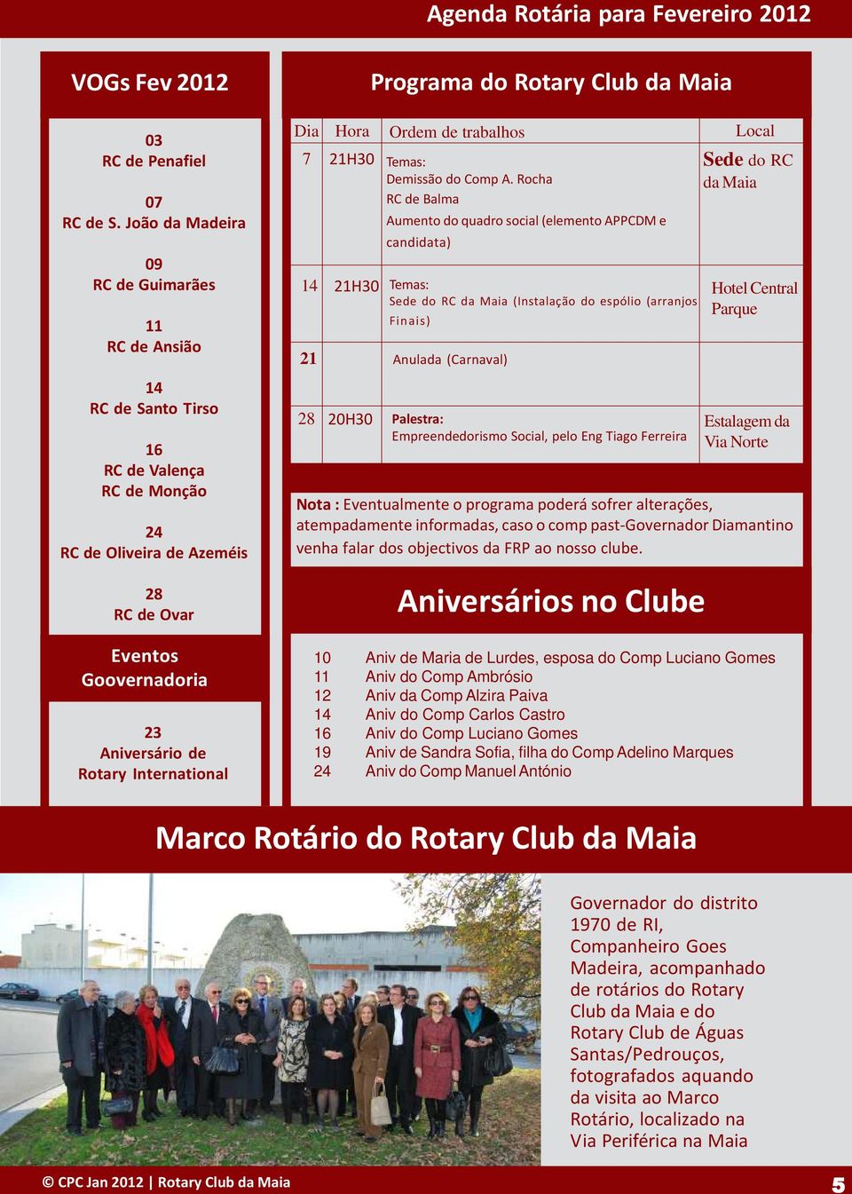 International Programa do Rotary Club Dia Hora Local Ordem de trabalhos 7 21H30 Temas: Demissão do Comp A.