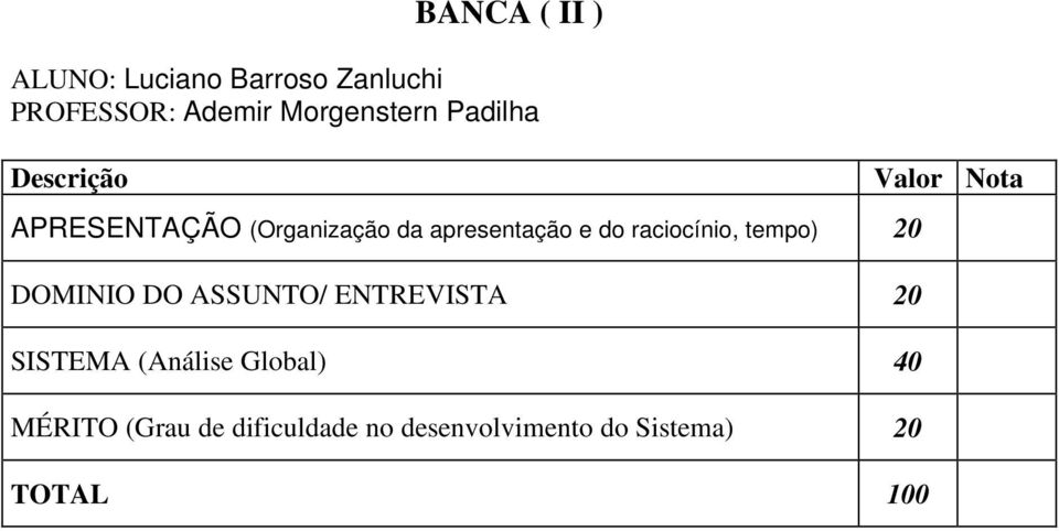 tempo) 20 DOMINIO DO ASSUNTO/ ENTREVISTA 20 SISTEMA (Análise Global) 40