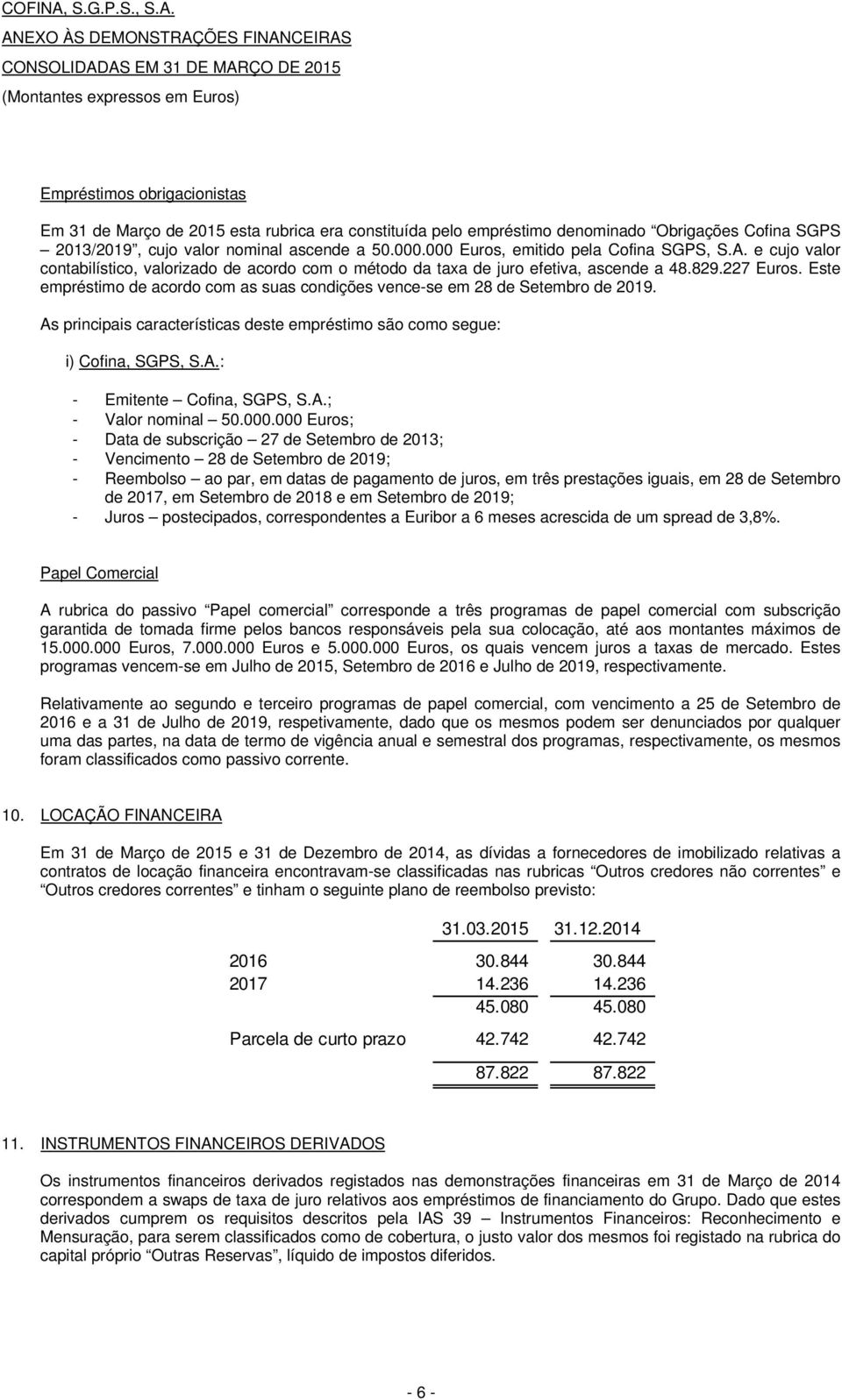 Este empréstimo de acordo com as suas condições vence-se em 28 de Setembro de 2019. As principais características deste empréstimo são como segue: i) Cofina, SGPS, S.A.: - Emitente Cofina, SGPS, S.A.; - Valor nominal 50.