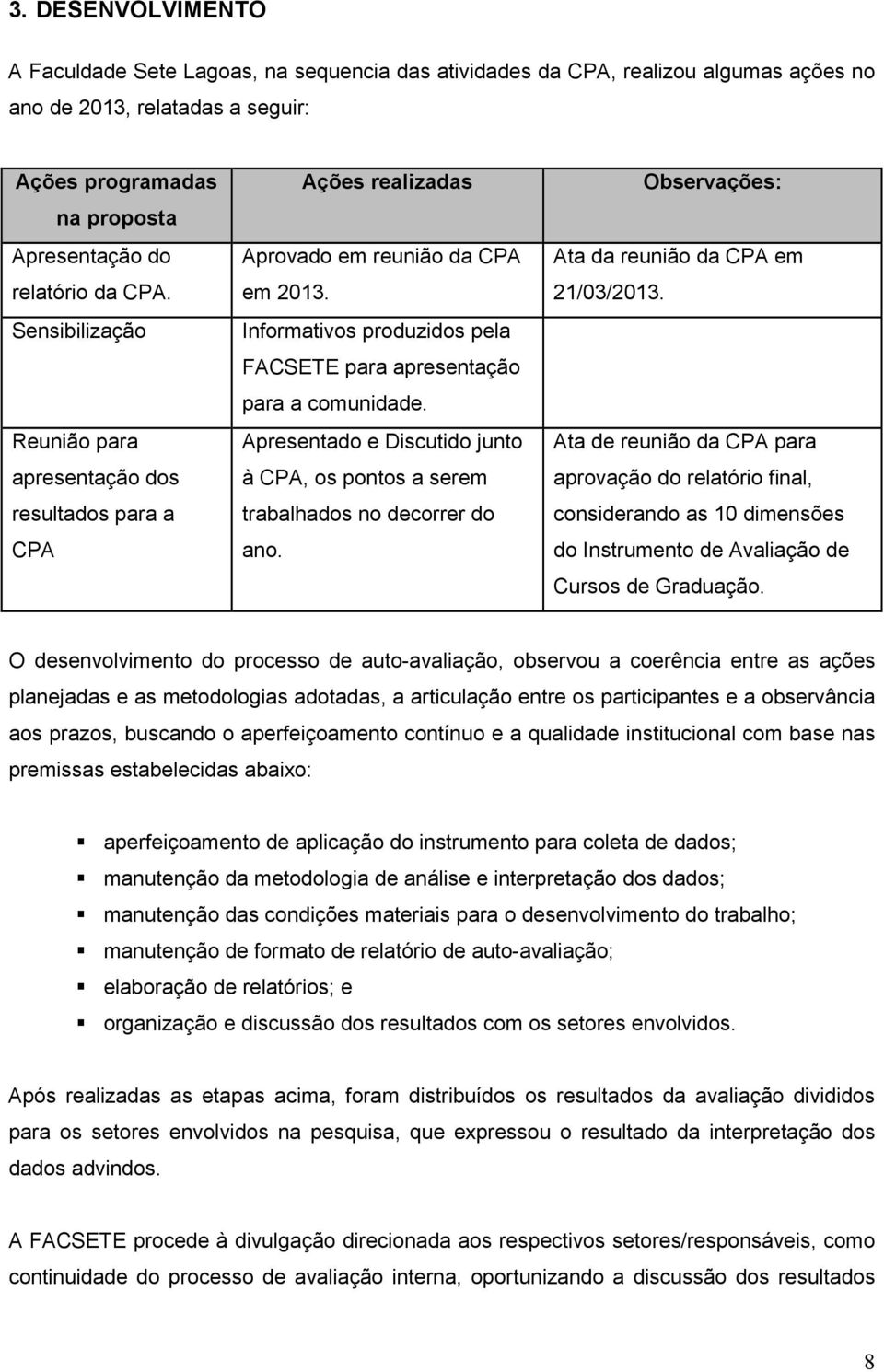 Apresentado e Discutido junto à CPA, os pontos a serem trabalhados no decorrer do ano. Observações: Ata da reunião da CPA em 21/03/2013.