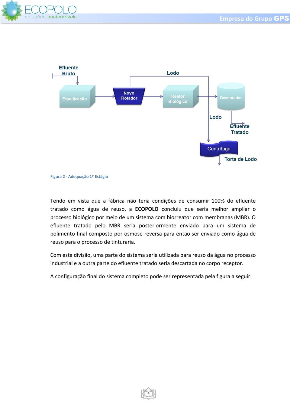 O efluente tratado pelo MBR seria posteriormente enviado para um sistema de polimento final composto por osmose reversa para então ser enviado como água de reuso para o processo