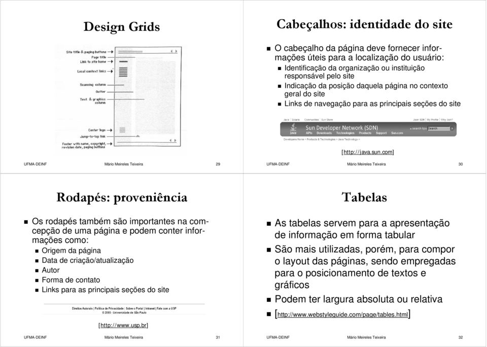 com] 29 30 Rodapés: proveniência Tabelas O cabeçalho alho da página p deve fornecer infor- mações úteis para a localização do usuário: Os rodapés s também m são importantes na com- cepção de uma