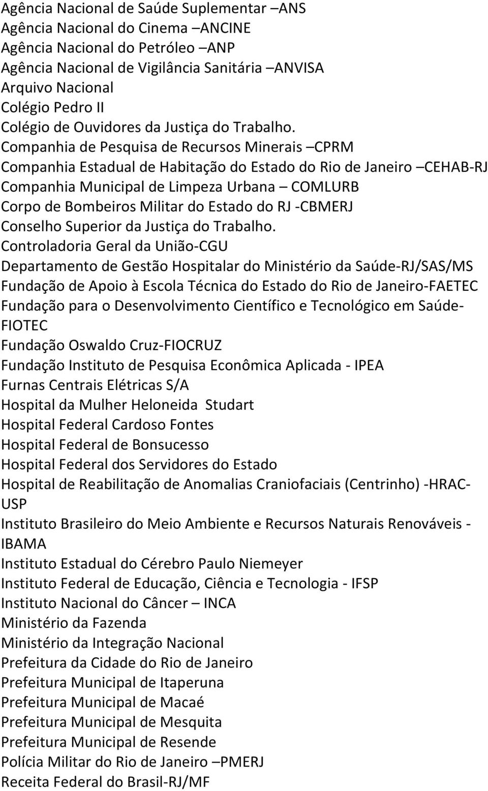 Companhia de Pesquisa de Recursos Minerais CPRM Companhia Estadual de Habitação do Estado do Rio de Janeiro CEHAB-RJ Companhia Municipal de Limpeza Urbana COMLURB Corpo de Bombeiros Militar do Estado