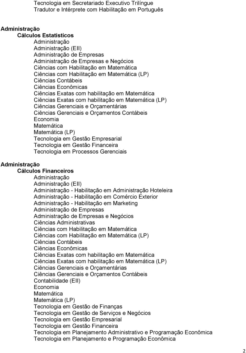 Economia Matemática Matemática (LP) Tecnologia em Gestão Empresarial Tecnologia em Gestão Financeira Tecnologia em Processos Gerenciais Cálculos Financeiros (EII) - Habilitação em Hoteleira -