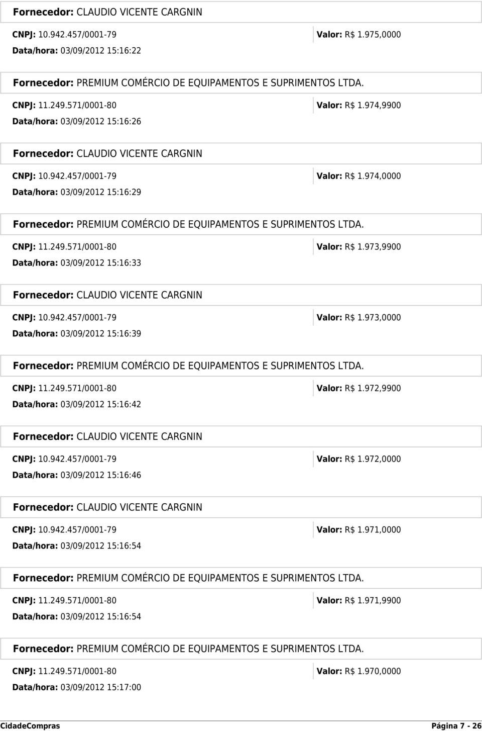 942.457/0001-79 Valor: R$ 1.972,0000 Data/hora: 03/09/2012 15:16:46 CNPJ: 10.942.457/0001-79 Valor: R$ 1.971,0000 Data/hora: 03/09/2012 15:16:54 CNPJ: 11.249.571/0001-80 Valor: R$ 1.