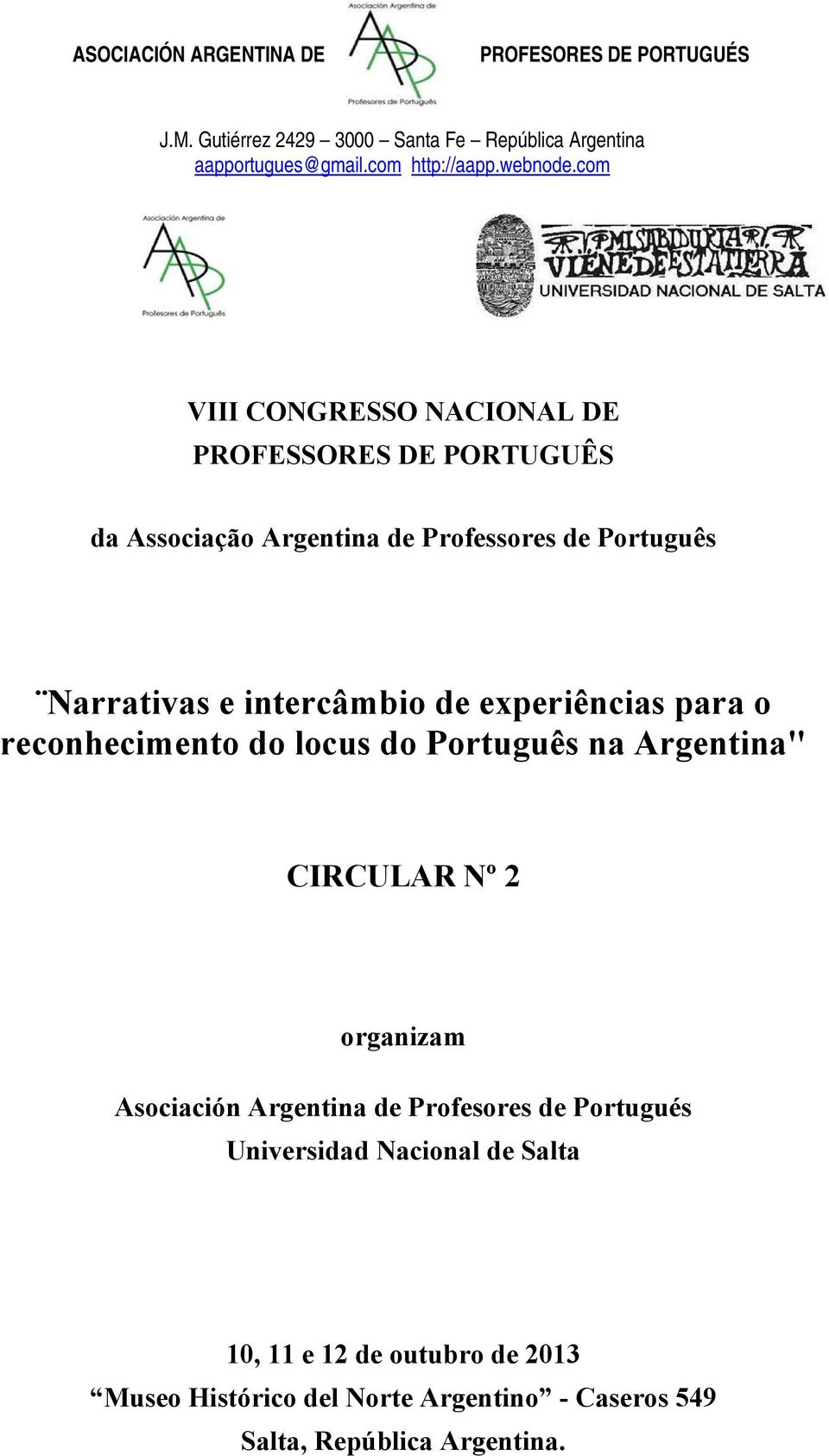 CIRCULAR Nº 2 organizam Asociación Argentina de Profesores de Portugués Universidad Nacional de Salta