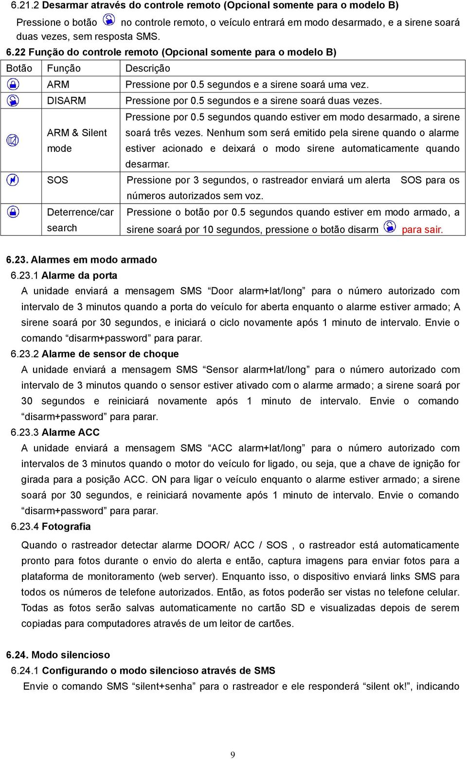 5 segundos e a sirene soará duas vezes. ARM & Silent mode Pressione por 0.5 segundos quando estiver em modo desarmado, a sirene soará três vezes.