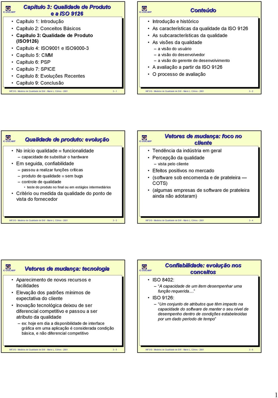 Côrtes - 2001 3-1 Conteúdo Introdução e histórico As características da qualidade da ISO 9126 As subcaracterísticas da qualidade As visões da qualidade a visão do usuário a visão do desenvolvedor a