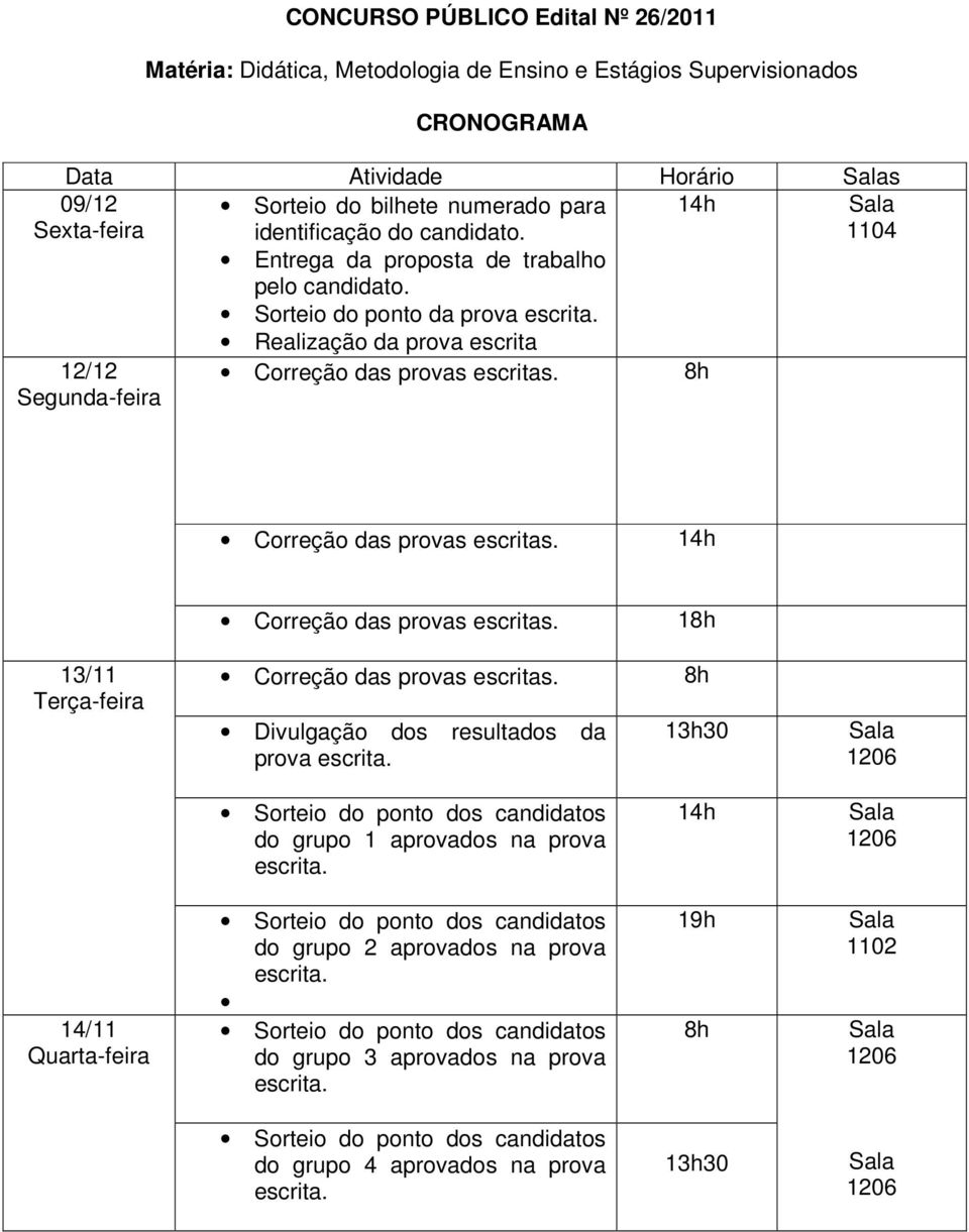 Sorteio do ponto da prova Realização da prova escrita 12/12 Segunda-feira Correção das provas escritas. 8h Correção das provas escritas. 14h Correção das provas escritas.