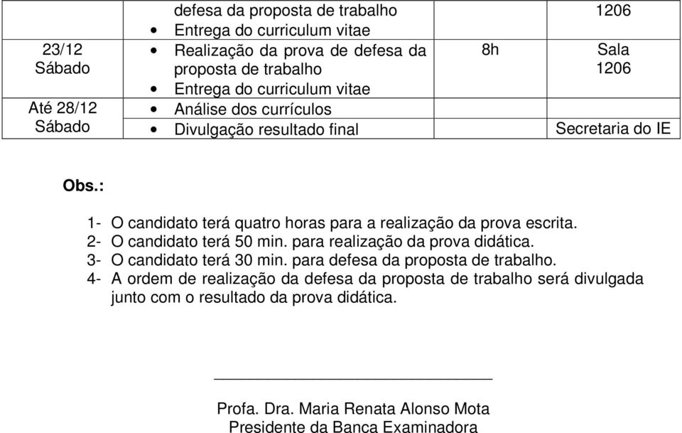 : 1- O candidato terá quatro horas para a realização da prova 2- O candidato terá 50 min. para realização da prova didática. 3- O candidato terá 30 min.